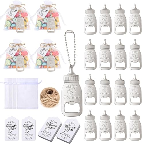 50 juegos de abridores de biberones para baby shower, recuerdos de devolución para invitados, bonitos abrebotellas y recuerdos con bolsas de organza