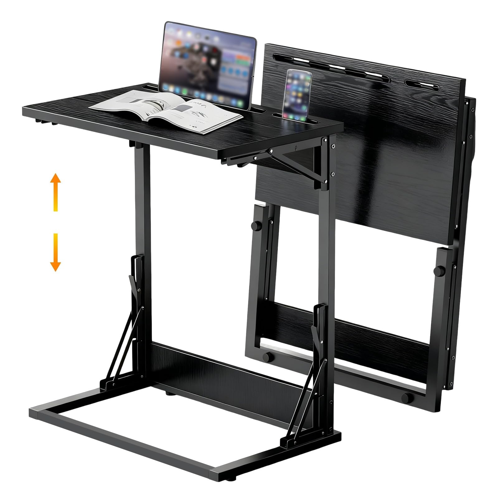 Folding TV Trays Set of 2,TV Dinner Tray Table,Adjustable Height TV Trays for Eating on Couch,C Shaped End Table with Tablet and Phone Slots,Foldable