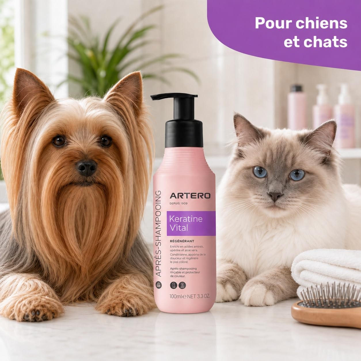 Artero Après-Shampoing Keratin Vital 90ml pour Chiens et Chats - Régénération Instantanée, Douceur et Brillance pour Un Pelage Fort et Protégé, Effet Anti-Frisottis