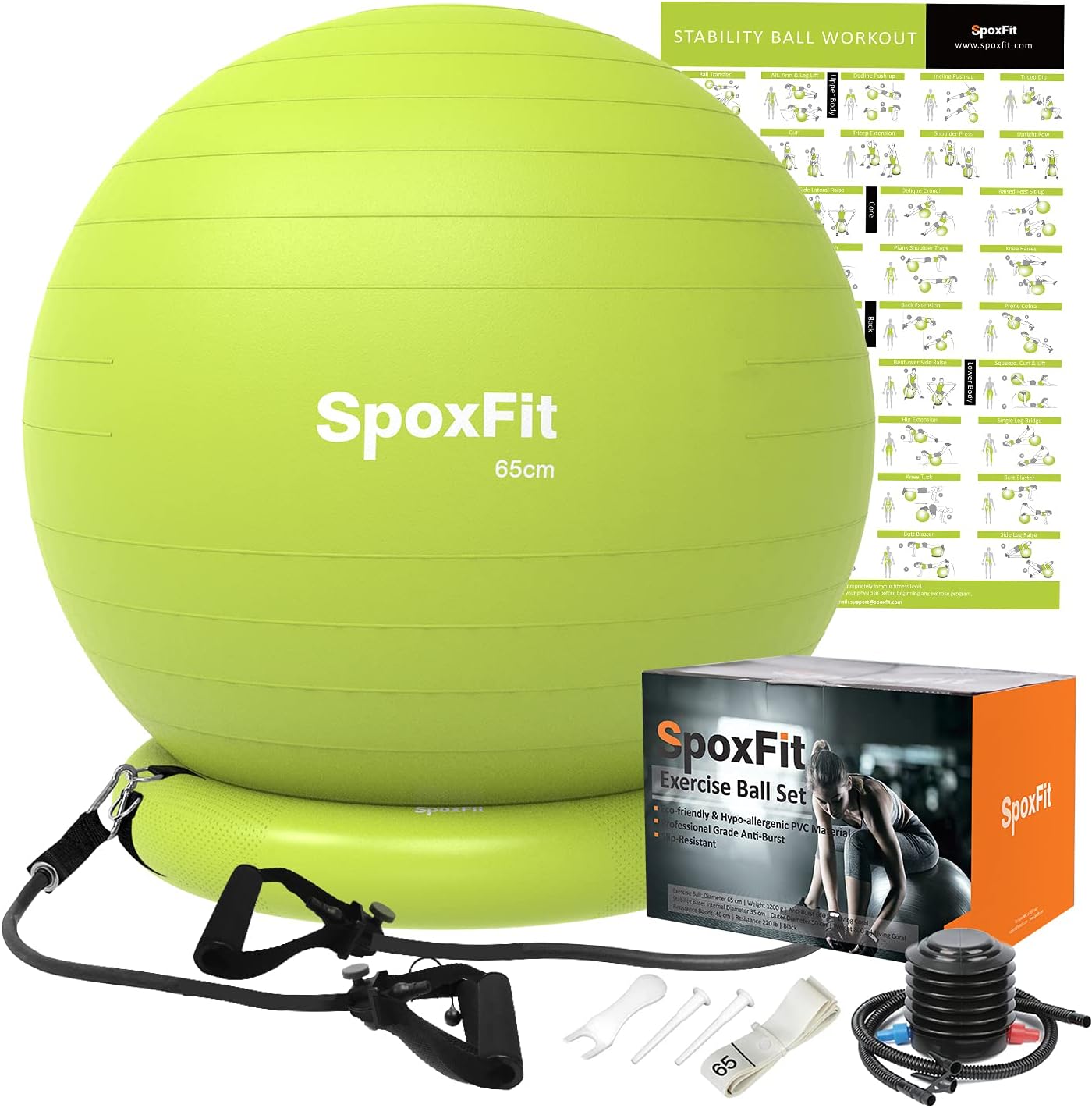 SpoxFit Exercise Ball, 65cm Anti-Burst Yoga Ball, Stability Fitness Ball for Birthing & Core Strength Training, Includes Quick Pump & Workout Poster-Black : Sports & Outdoors