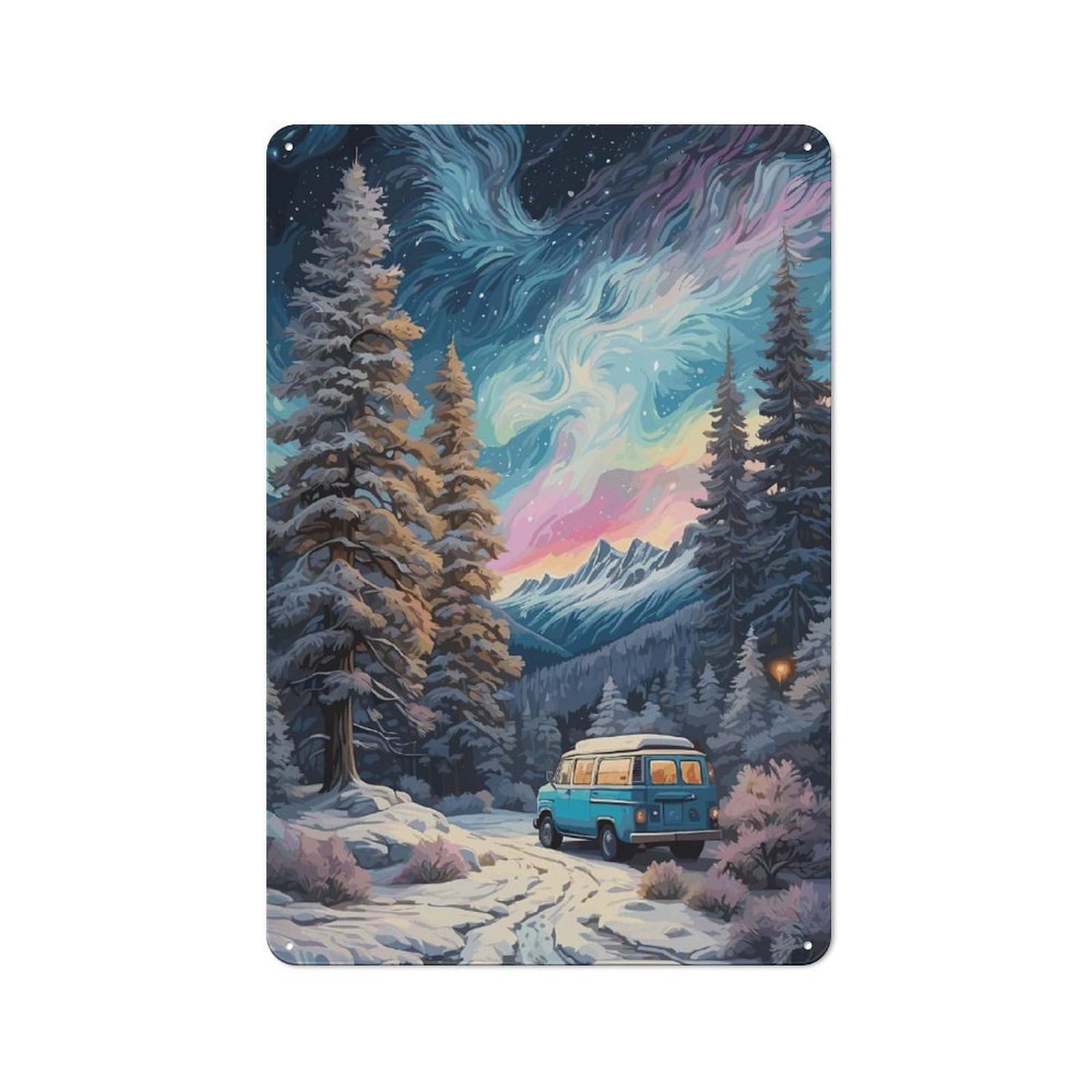 Junmoney Style-14 Tin Wall Plaque 30X20cm With Aurora Borealis Forest Car For Bar Or Restaurant, For Hospitality Decor Collectors
