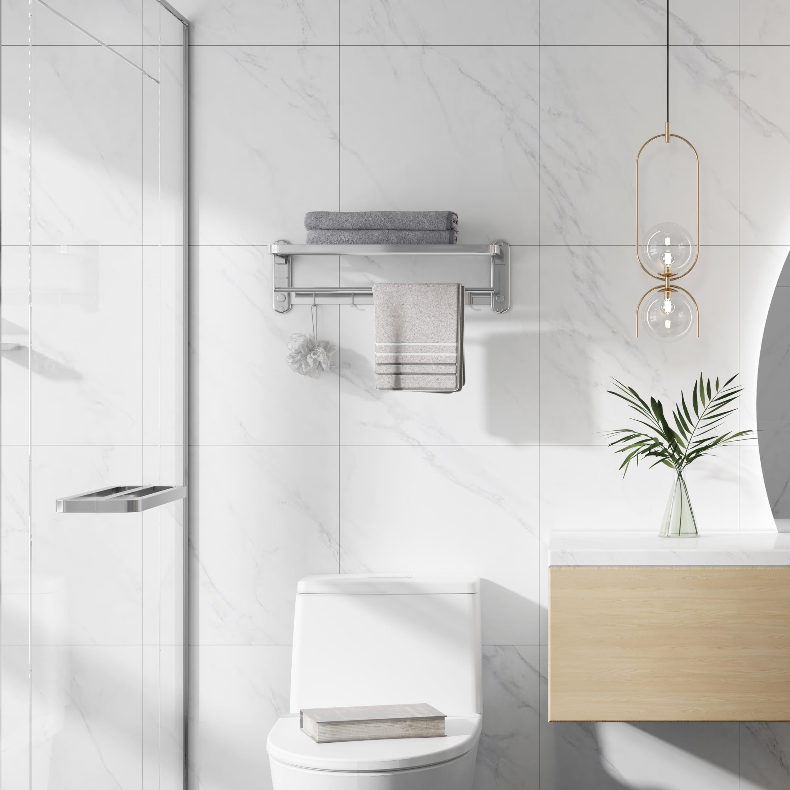 Eridanus Estante de Toallas, Toallero Doble Plegable de Acero Inoxidable de Pared, Estantería de Almacenamiento para Baño con Barras y Ganchos(60x19x24cm)