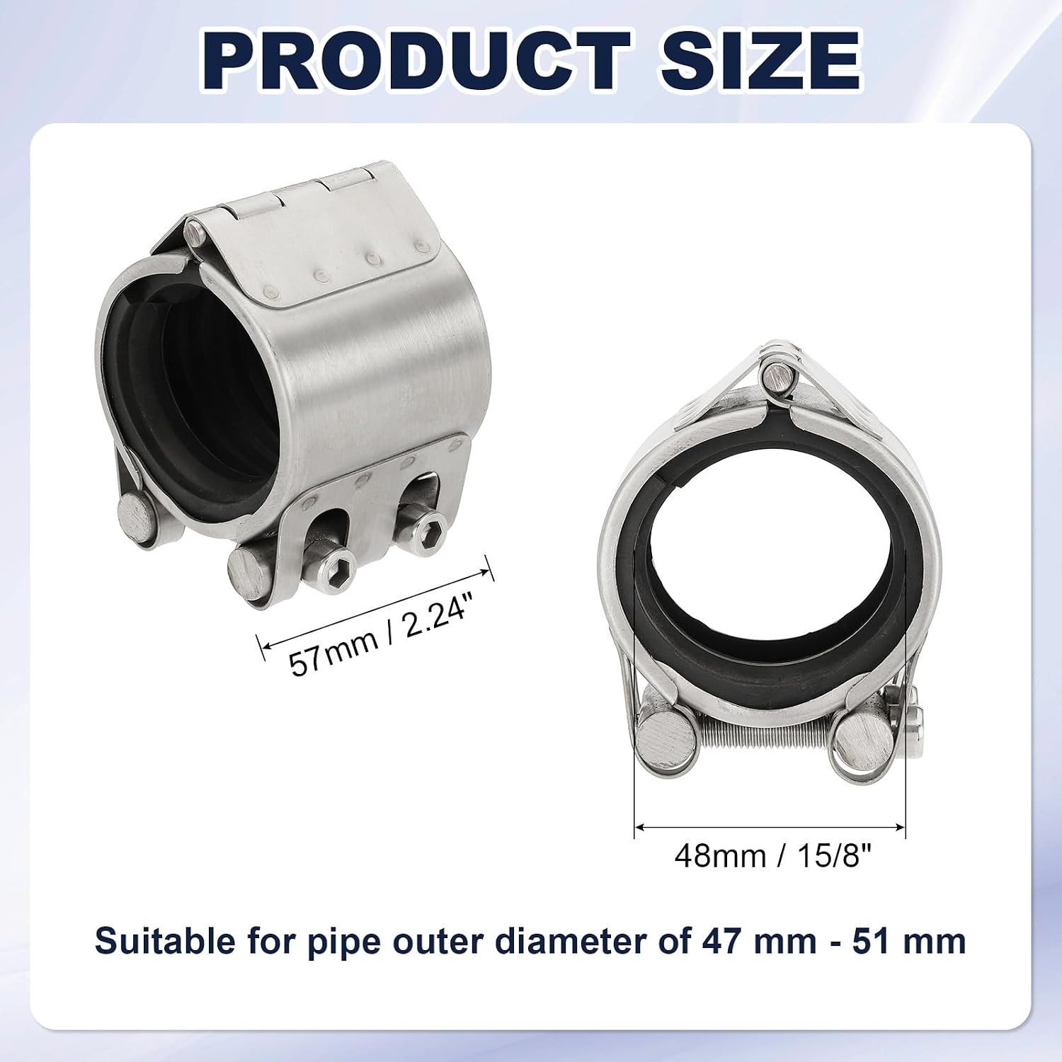 HARFINGTON Pipe Repair Clamp 1-8/9" OD 47mm-51mm 304 Stainless Steel Leak Sealer Emergency Pipe Repair for Plastic Metal Tubing Water Gas Oil Lines, Silver