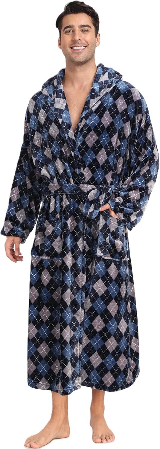 Men's Plush Hooded Bathrobe Winter Warm Fleece Robes Soft Flannel Long Robes with Pockets, Full Length - Image 3