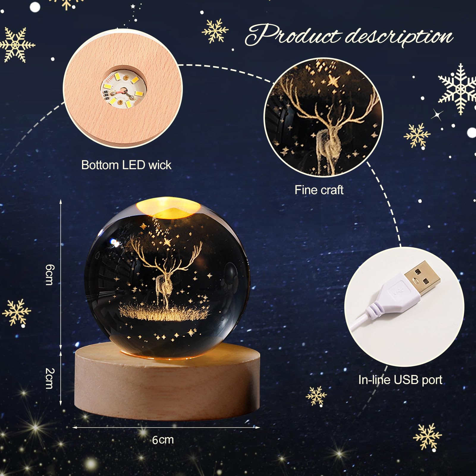 Christmas Decoration 3D Crystal Ball with LED Light, Snow Globe Night Light Christmas Decoration with Wooden Base - Image 3