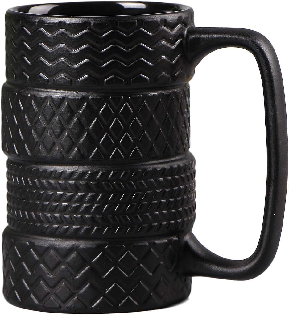 VanEnjoy 3D Cool Black Tyre Tire Shaped Frosted Ceramic Mug Large Coffee Tea Cup Unique Gifts Car Fans 14 oz(400ml)