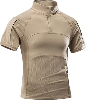 Men's Military Short Sleeve T-Shirt, Tactical Cargo Pullover Polo Shirts, Outdoor Camo Shirt with 1/4 Zipper