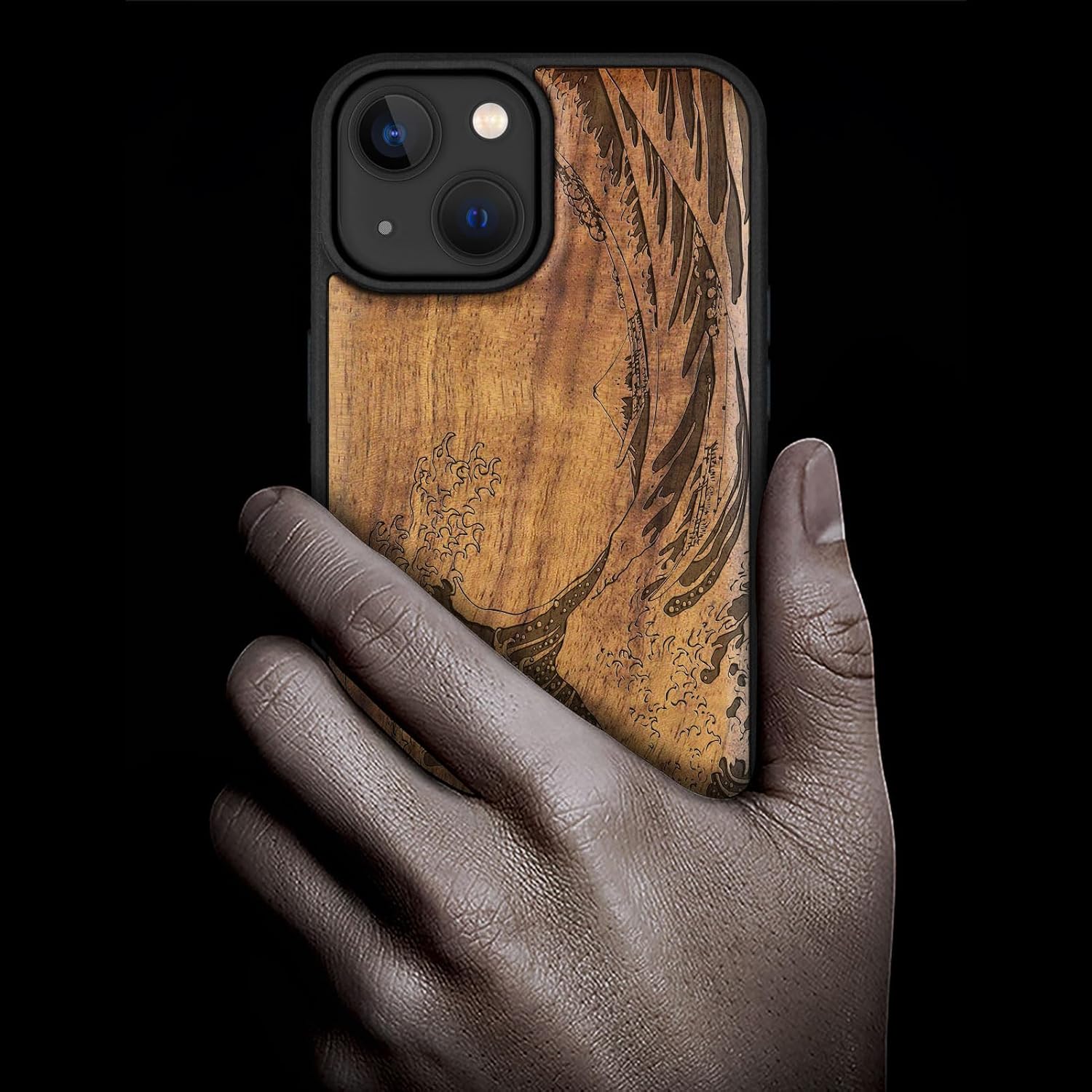 Carveit Magnetic Wooden Case for iPhone 15 Case, Compatible with MagSafe Wireless Chargers, Black Soft TPU Shockproof Cover & Wood Artisan Engraved (The Great Wave Off Kanagawa) - Walnut