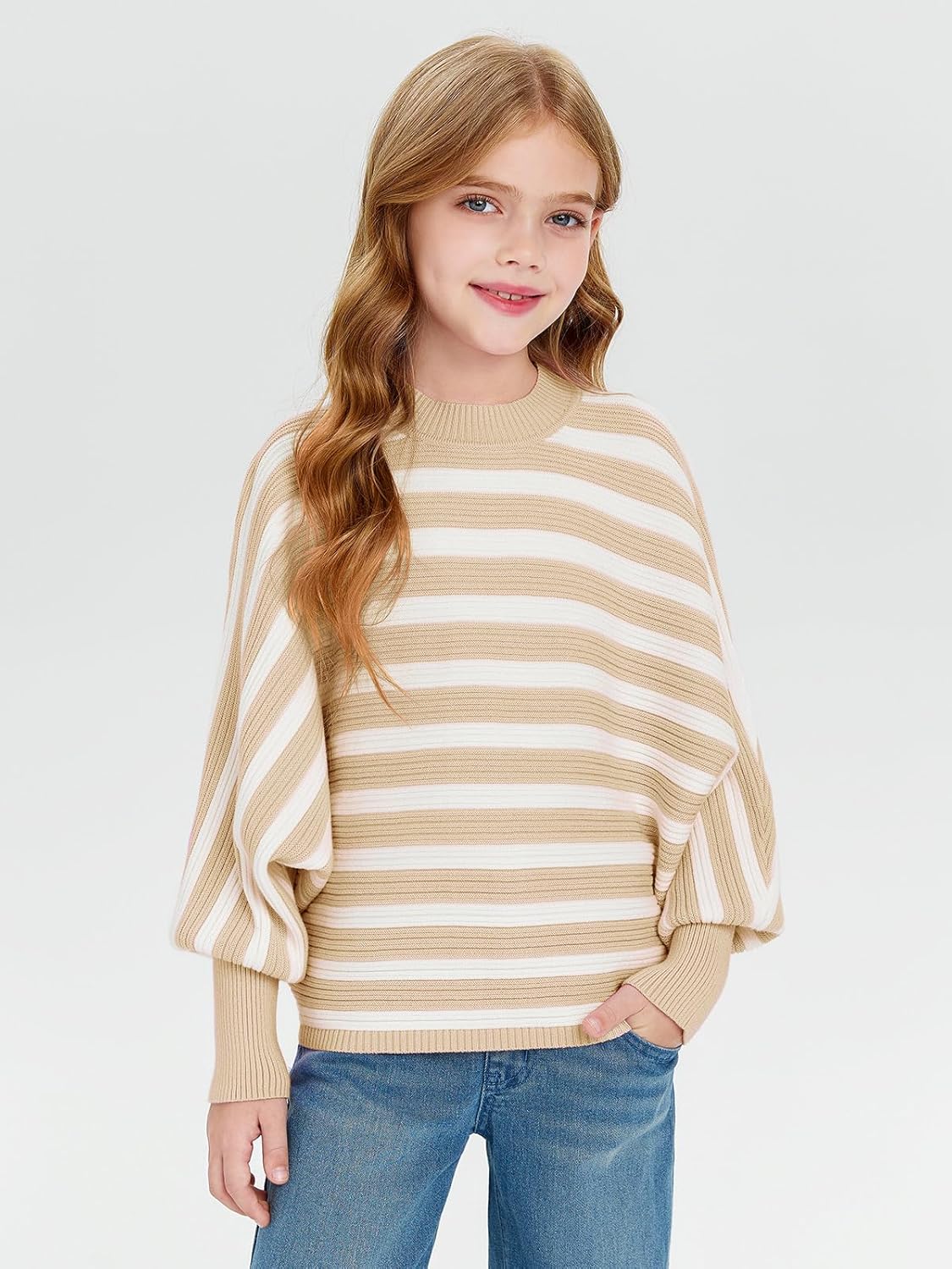 Haloumoning Girls Oversized Striped Sweater Kids Fashion Batwing Sleeve Ribbed Knit Pullover Tops 5-14 Years - Image 2