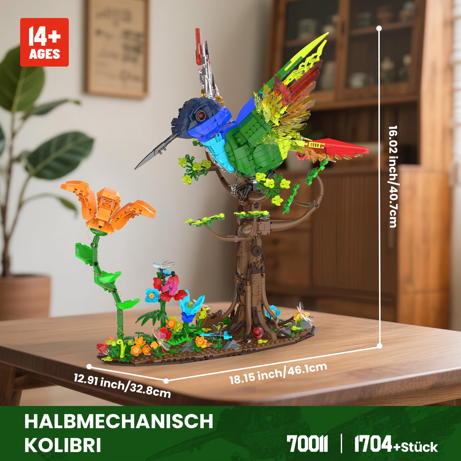 JMBricklayer Kolibri Bauspielzeug für Erwachsene mit LED-Licht, 70011 Kreative Klemmbausteine Set Vogel-Modell fürs Wohnzimmer oder Büro Deko, Geschenk für Mädchen und Jungen Vogelliebhaber ab 14+