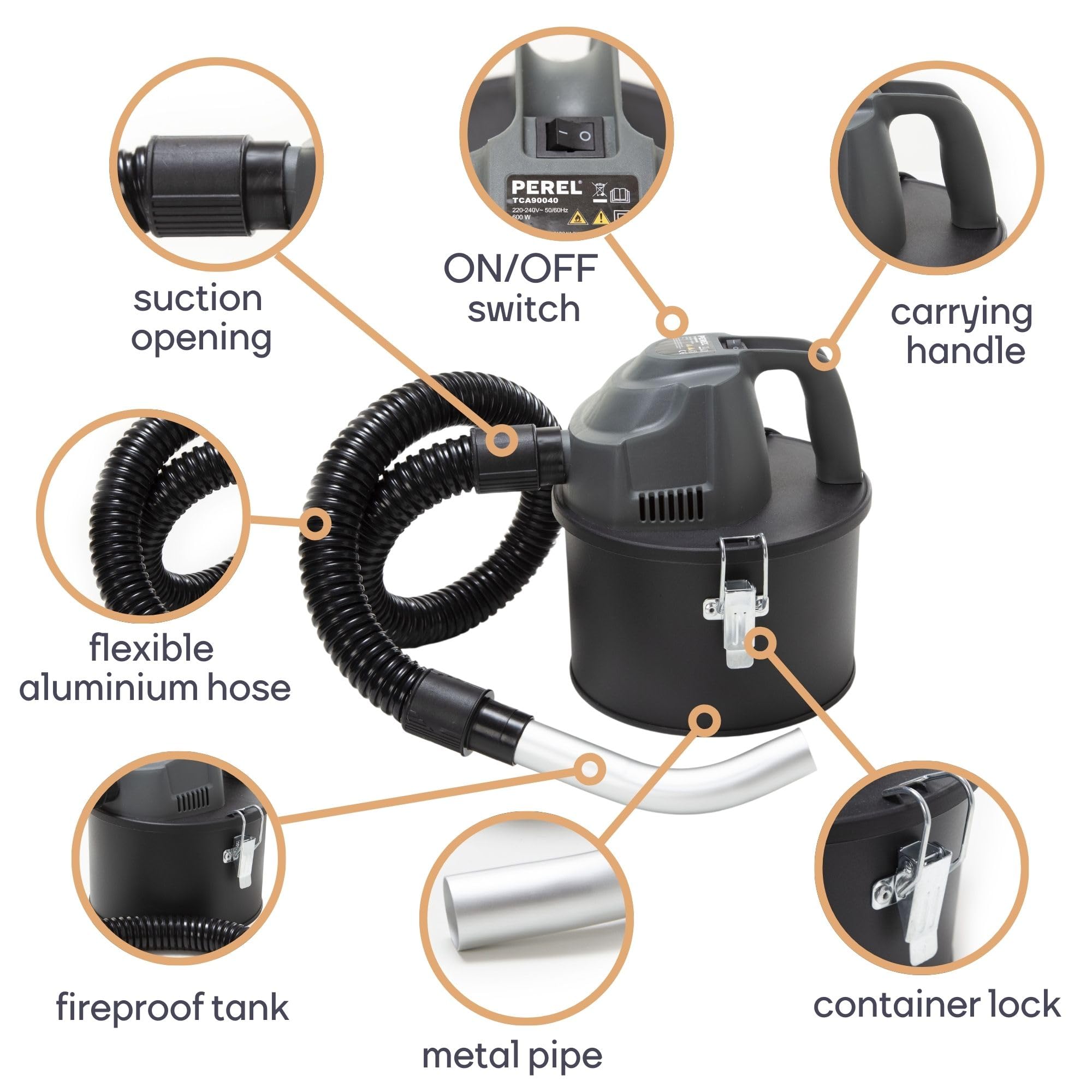 Perel Aspiracenere 600 W, 4 L, filtro HEPA, senza sacco, per ceneri fredde, stufa, caminetto, barbecue, modello compatto