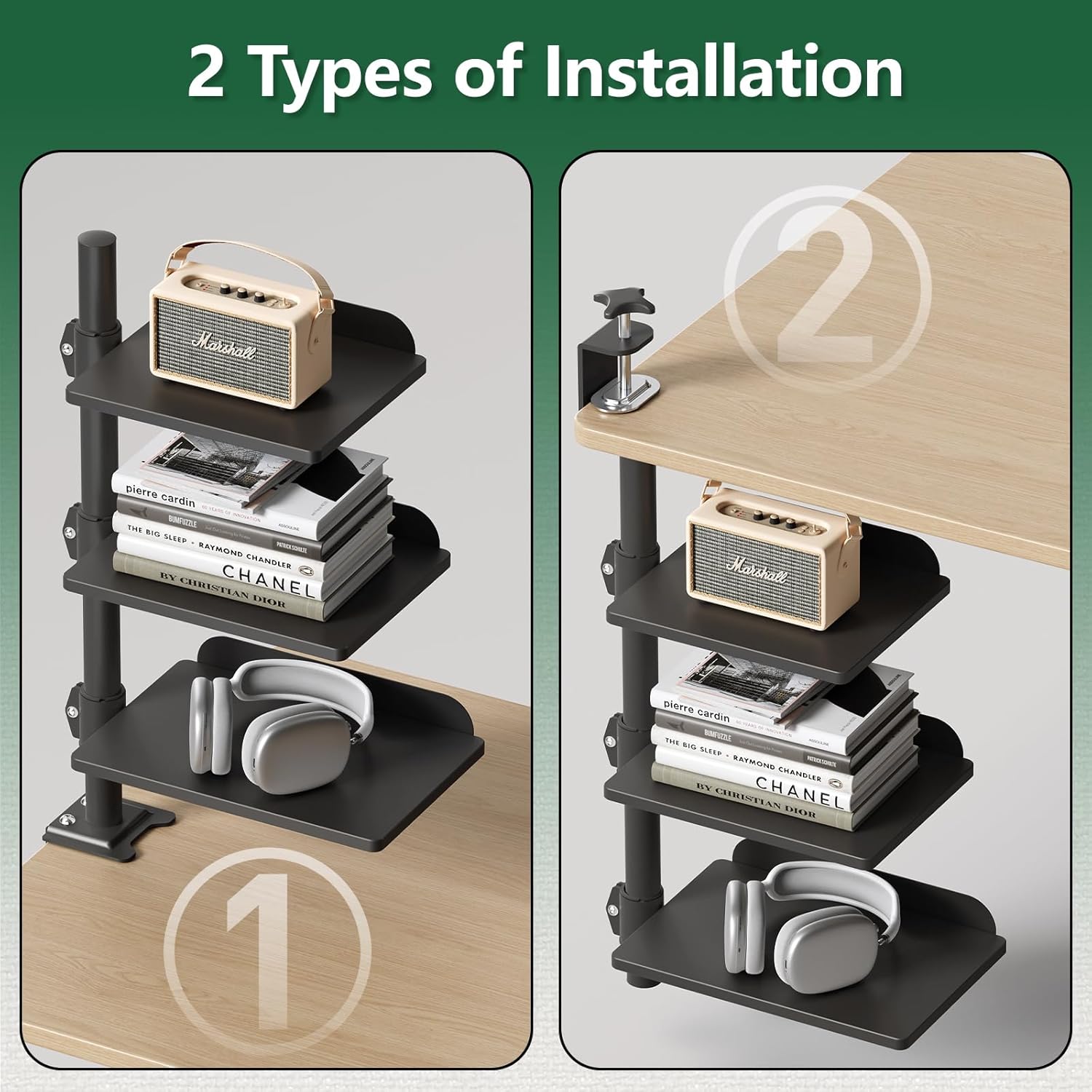 3 Tier Clamp-on Desk Shelf Height Adjustable, 360° Rotatable Desktop Storage Tray with Baffle, Over or Under Desk Organizer Shelf for Office Accessories, Black