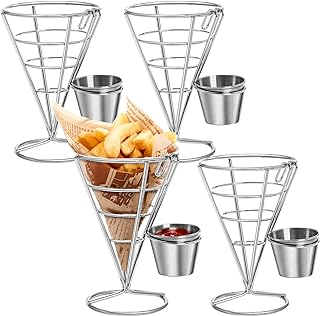 Peohud 4 Pack French Fries Stand, Chip Cone Basket with Sauce Dipper, Metal Wire French Fry Holder, Fried Chicken Display Rack for Food Snack Appetizers Kitchen Restaurant Buffet Picnic Party