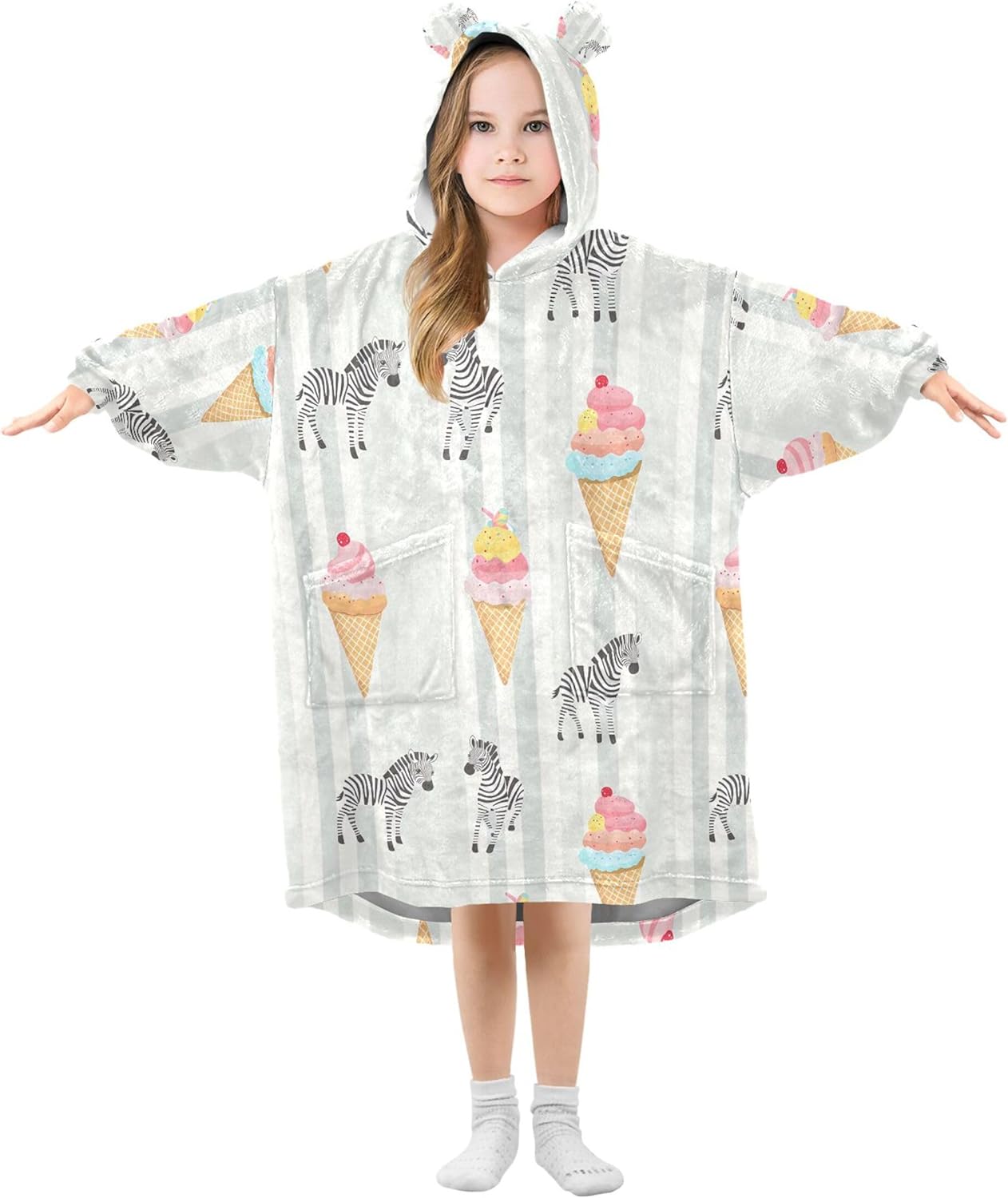 Cute Zebra Ice Cream Kids Wearable Blanket Hoodie with Pocket and Sleeves for Toddlers, Cute Hoodies Girls Boys