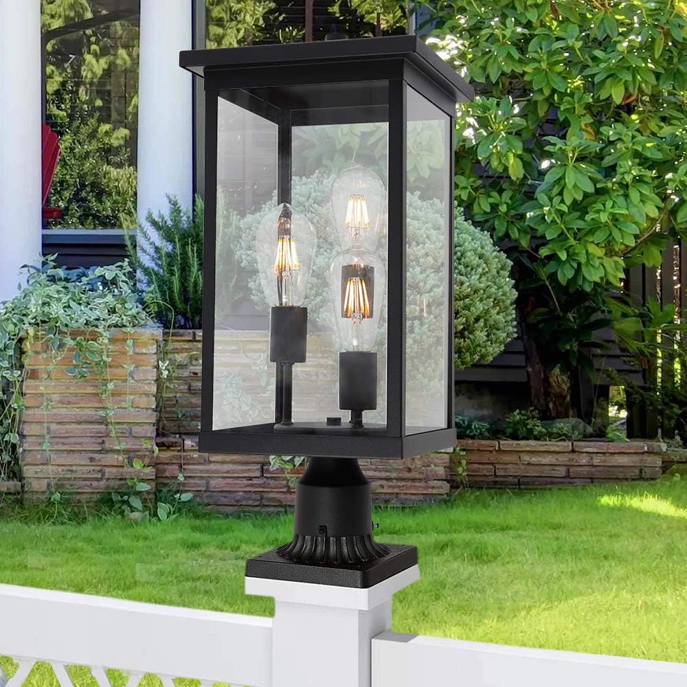 Limited Stock TODOLUZ 3-Lights Outdoor Post Porch Lantern Light Fixture with Clear Glass, Exterior Post Lighting in Black Finish for Backyard Path Doorway