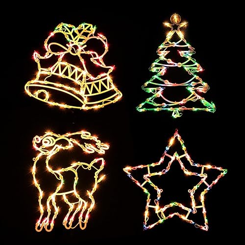 Decoración de luces de silueta de ventana de Navidad, paquete de 4 letreros de color con ciervos, árboles de Navidad, campanas y estrellas para