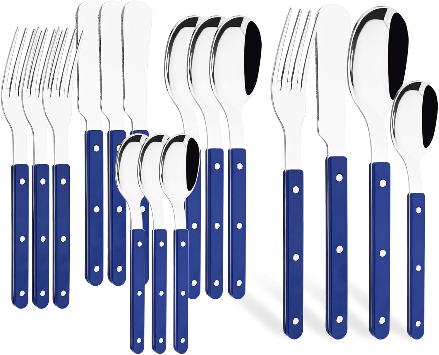 Color Handle Silverware Set, Stainless Steel Flatware Eating Utensils, Rivet ABS Handle Design, Includes Dinner Knives, Forks, Spoons and Teaspoons, 32 PCS Service for 8, Blue Handle