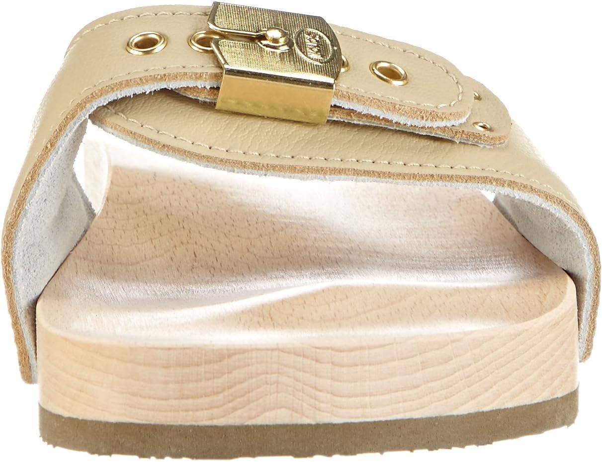 Front view of Dr. Scholl's Pescura Flat Sandal showing the adjustable buckle