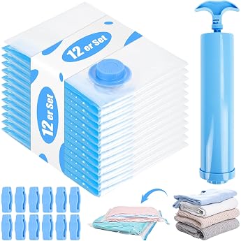 Vacuum Bags for Clothes Pack of 12 Vacuum Bags Travel 60 x 40 cm Vacuum Bags for Clothing Reusable Storage Bags with Pump Vacuum Bags for Storage Clothes Duvets Bedding