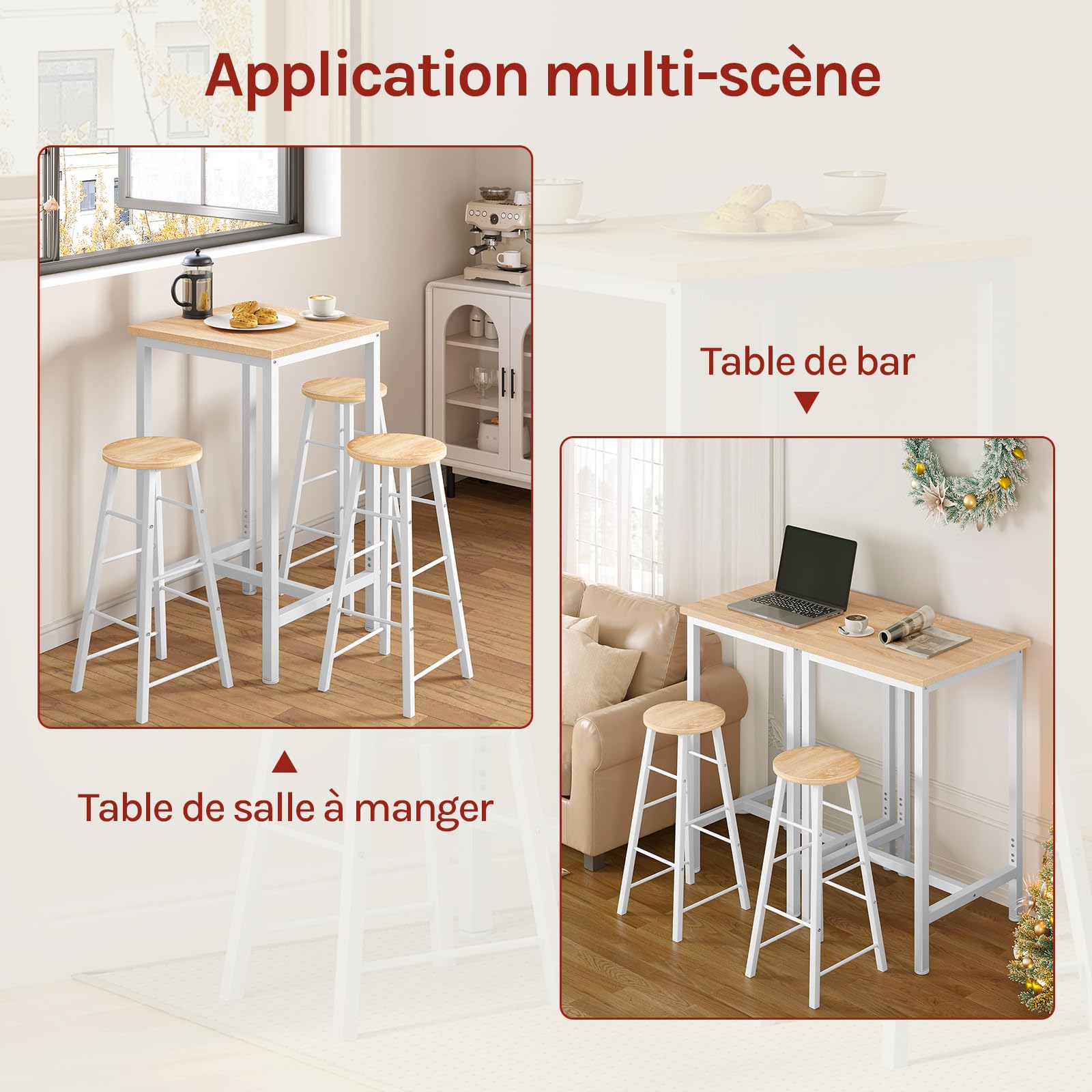 WOLTU Petit Table de Bar 60x100x60 cm, Table Haute en Métal et Bois, Mange Debout pour Cuisine, Salon, Blanc/Chêne Clair