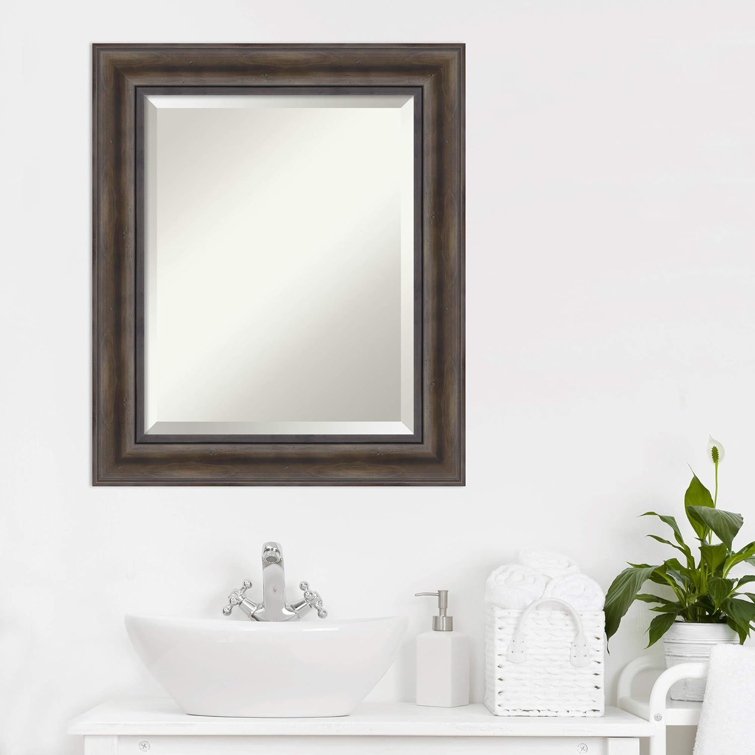 Amanti Art Brown Bathroom Mirror for Over Sink, 25x21 Rustic Pine Brown Rectangle Vanity Mirror, Small Country Rustic Wood Frame, Hangs Horizonally and Vertically, Bathroom Wall Decor, Beveled Edge
