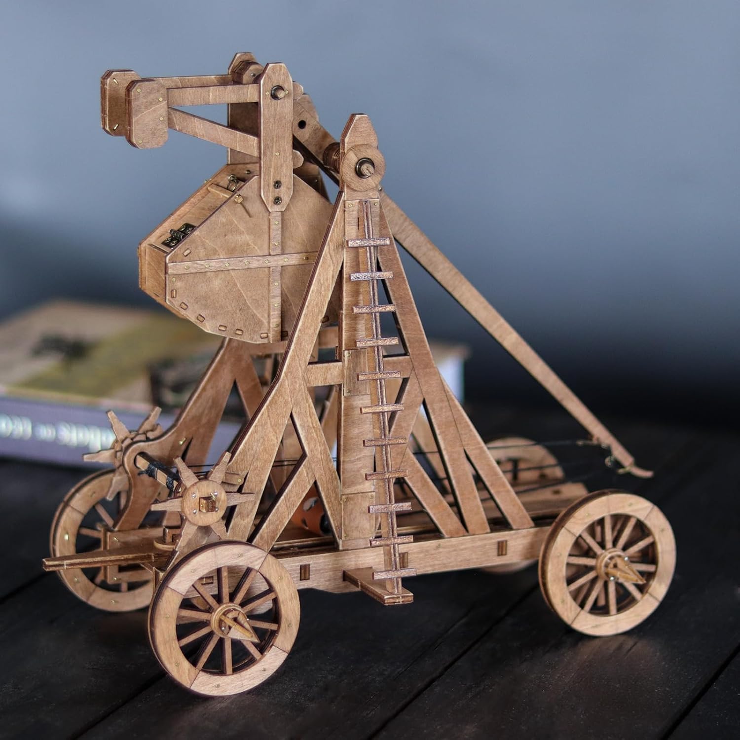 YAQUMW Mini Counterweight Trebuchet with Four Wheels Europe Medieval Siege Weapon DIY 3D Wooden Puzzle Mechanical Model Kits Tabletop Toys Birthday Gift