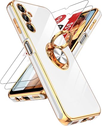 LeYi for Samsung Galaxy A14 5G Case with Tempered Glass Screen Protector [2 Pack] 360 Rotatable Ring Holder Magnetic Kickstand, Plating Rose Gold Edge Protective Case, White