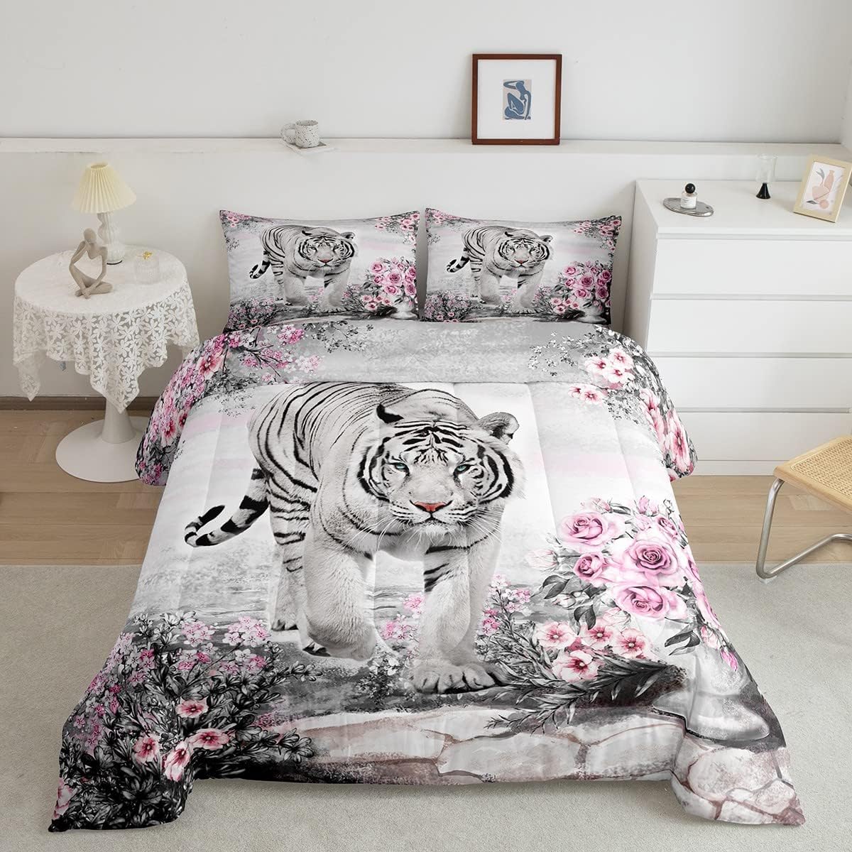 Castle Fairy Rose Flower Tiger Kids Comforter Set Queen