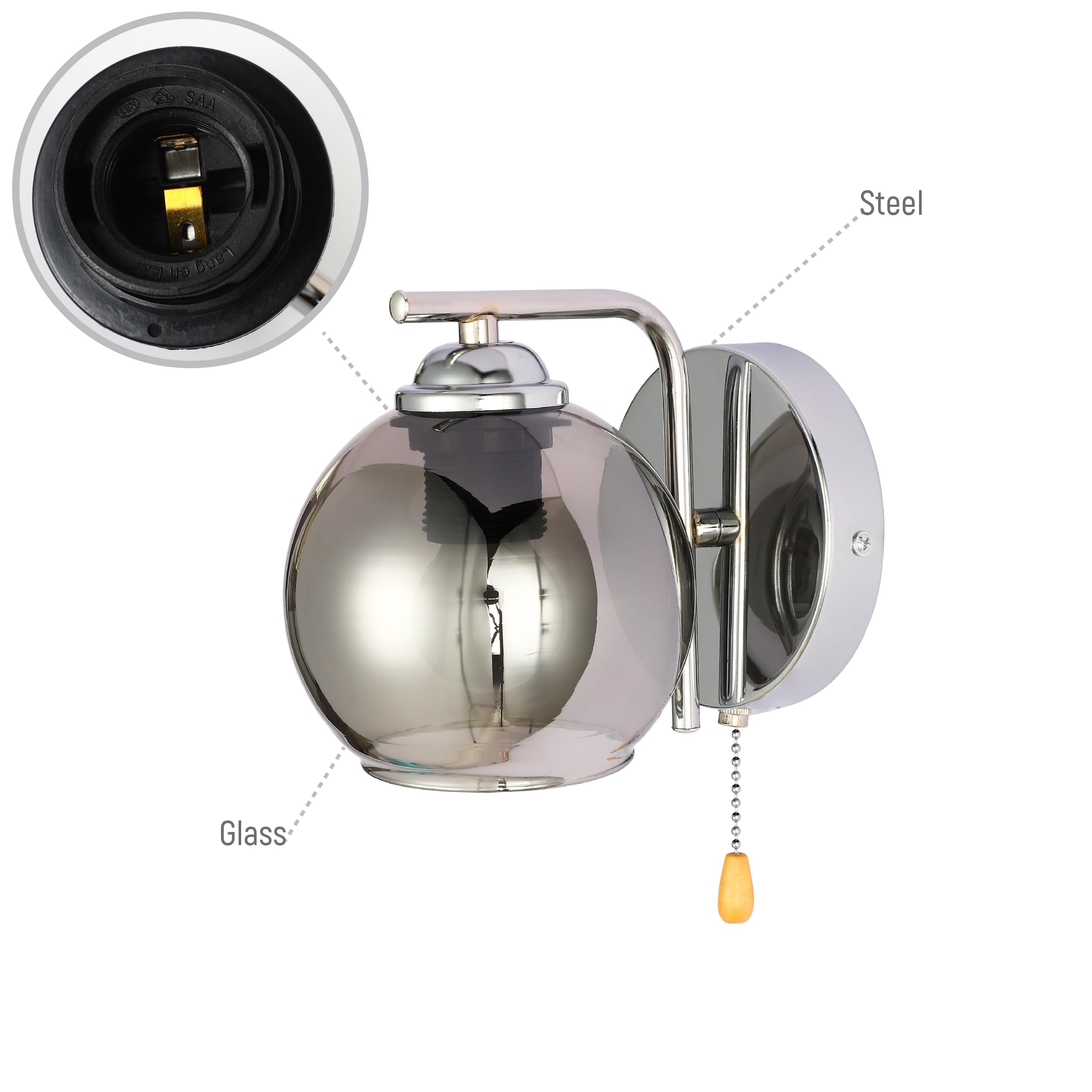 TEKLED myHome L-Shape Dome Glass Wall Light | E27 Fitting and Pull Down Switch | for Bedrooms Living Rooms Study Rooms Cafes Bars Restaurants | Chrome - Smoky (Bulb not Included) - Image 2