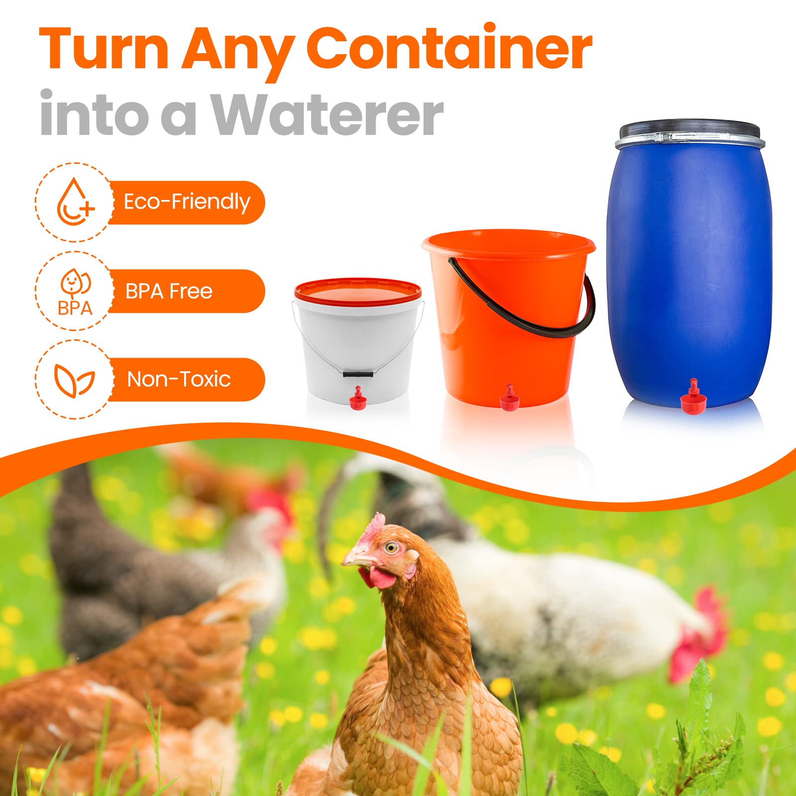 Regadera de pollo, tazas de agua de pollo para aves de corral, llenado automático de gravedad de pollo con sierra perforadora para cubos, cajas y comederos (paquete de 24)