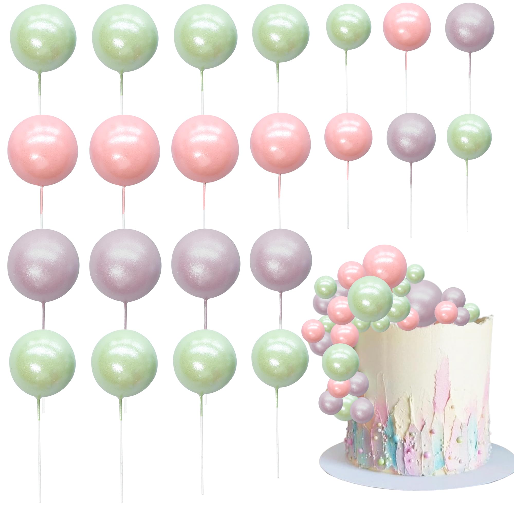 Ephlyn 30 Pcs Balls Cake Topper Set - Foam Balls, Cake Picks, Mini Balloons & DIY Inserts for Baby Shower & Party Decorations in Pearl, Green, Pink, Light Purple