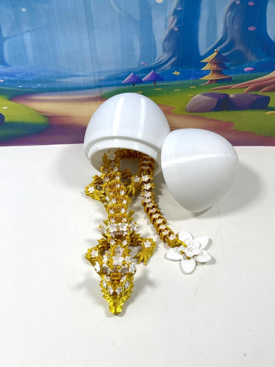 Generic 3D Printed Dragon with Dragon Egg, 12"" Gold and White Cherry Blossom Articulated Dragon, Fidget ADHD Autism Toy Executive Desk Toy D032-DR