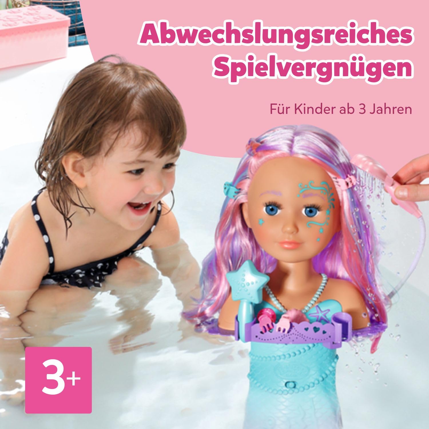 BABY Born Stylingkopf Meerjungfrau - Puppen Schmink- & Frisierkopf für Kinder ab 3 Jahren - Drehbar & für die Badewanne geeignet - Mit Wasserfunktion, Bürste, Diadem & Zubehör
