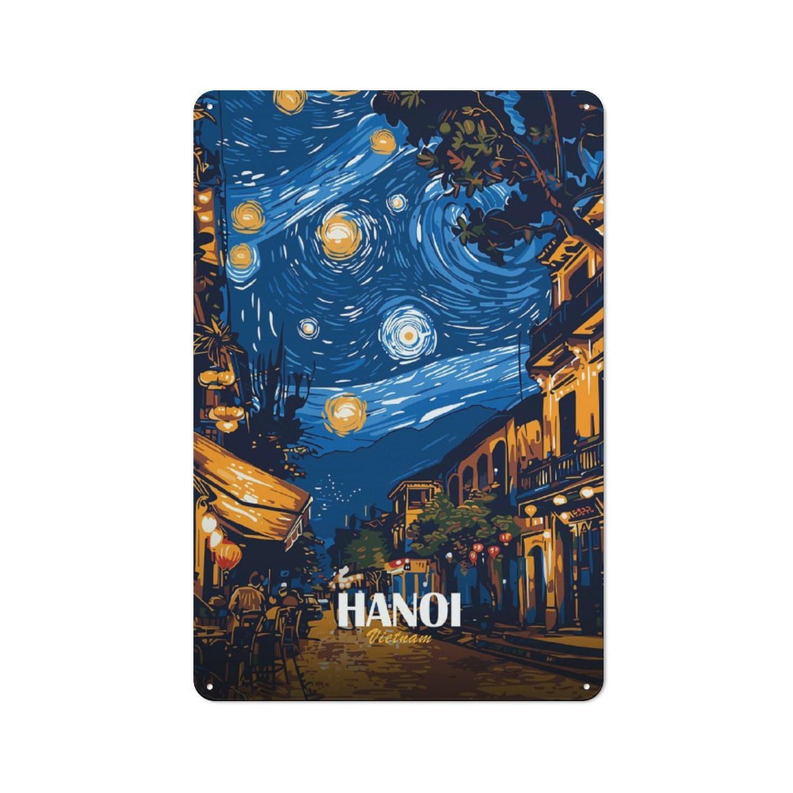 Junmoney Style-2 Hanoi Vietnam Starry Night Art Metal Wall Sign 30X20cm, Retro Decor For Workshop Wall, For Garage, Workshop And Man Cave Decoration