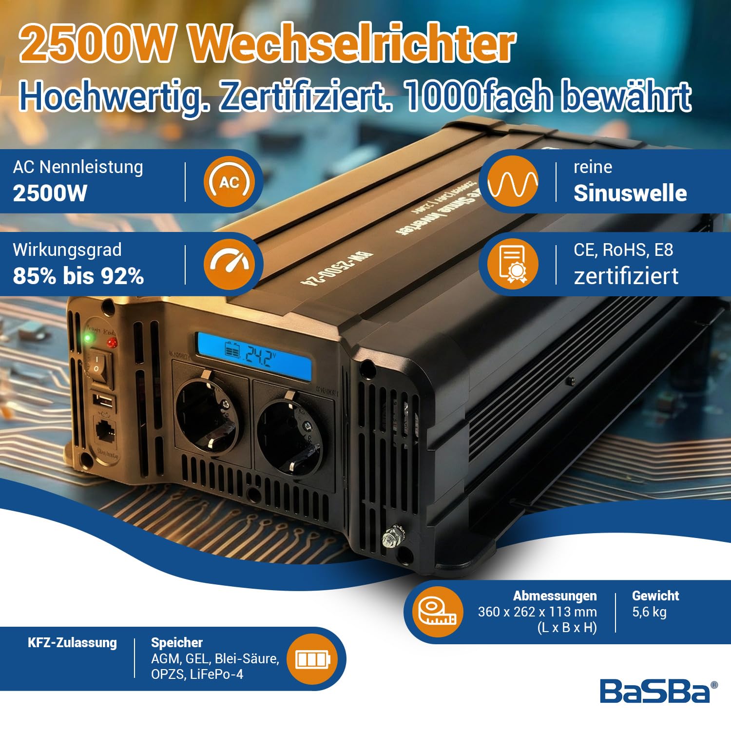 Insel Solaranlage 2500W 24V/230V Komplettset Plug & Play mit 900WP PV-Modulen, 400Ah Batterie, Wechselrichter, netzunabhängig, Garten, Tinyhaus, Wohnmobil | BaSBa BA24-2500