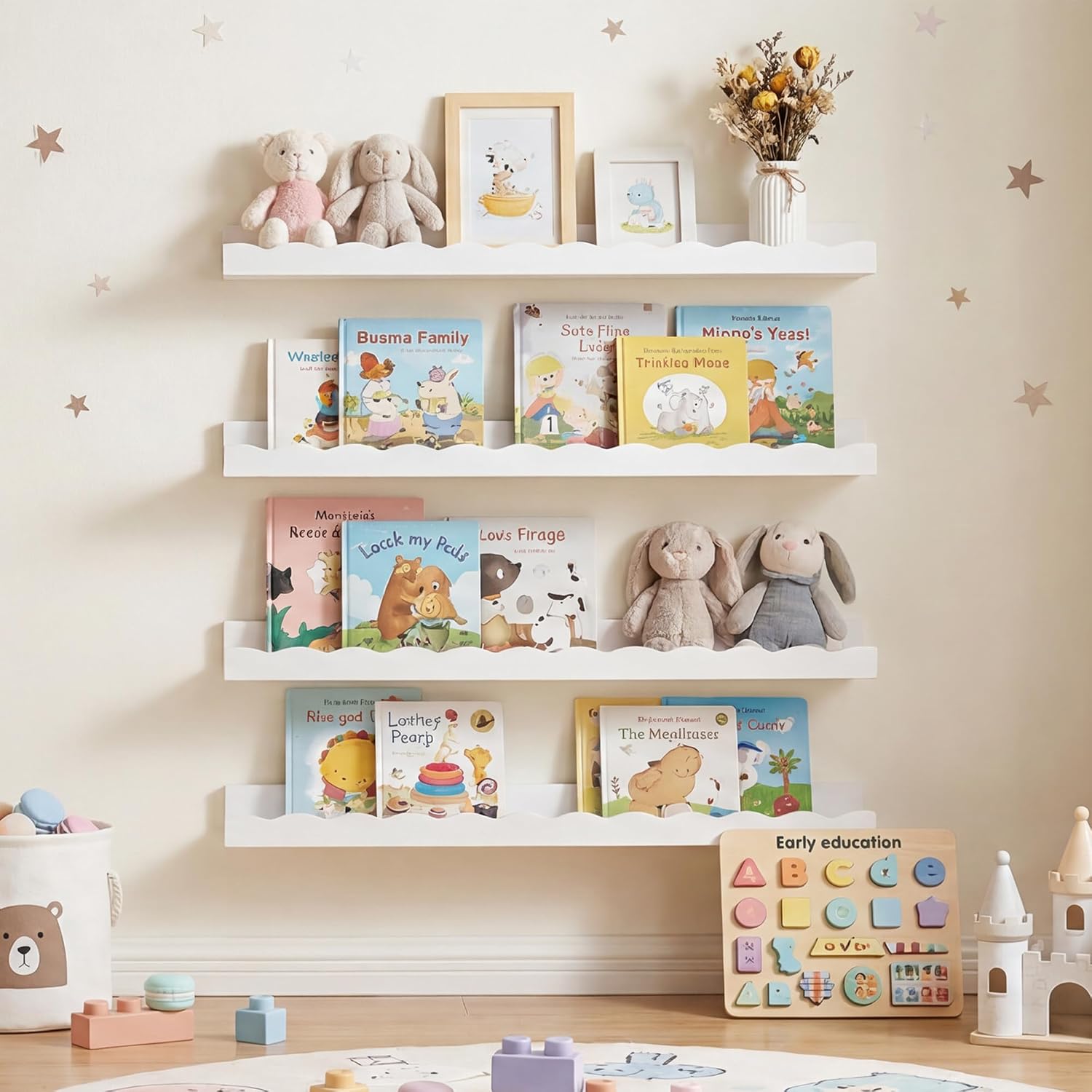 Fun Memories Picture Ledge Shelf for Wall, 36 inch Pine Wood Nursery Book Shelves Set of 2- Wall Book Shelves for Kids Room, Home Decor - Kitchen Spice-White