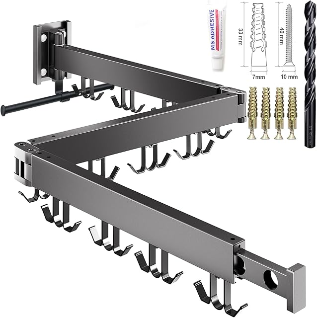 Upgrade Wall Mounted Clothes Drying Rack,Laundry Drying Rack Wall Mount,Drying Rack Clothing for Laundry,3-Pole Collapsible,Retractable Clothes Drying Rack for Laundry,24 Hooks (Black)