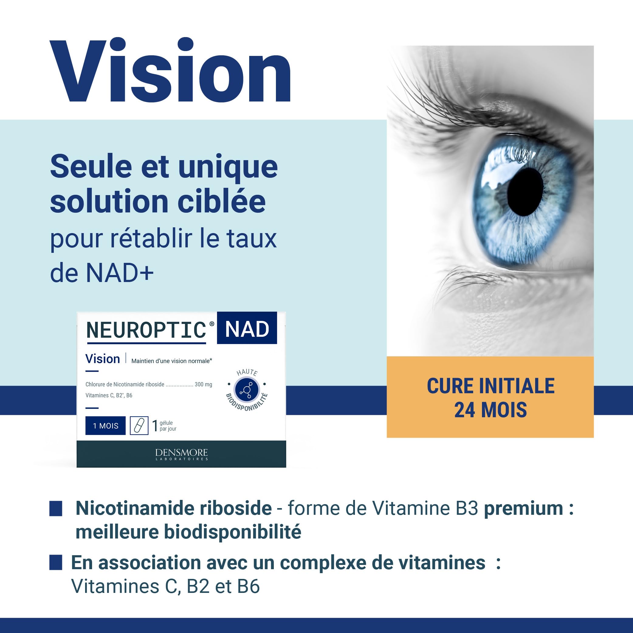 NEUROPTIC NAD - 300 mg Nicotinamide riboside - Rétablit le taux de NAD+ - Santé visuelle - Vitamines C, B2 et B6 - Complément alimentaire - 30 gélules - 1 mois