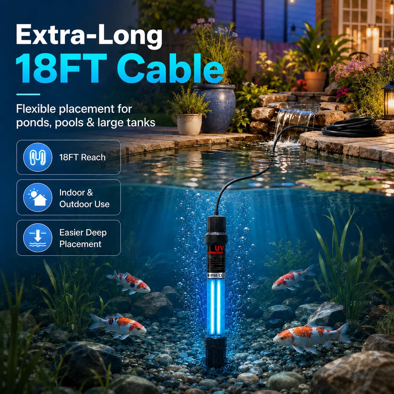 20W Pond UV Light with Timer UV Pond Water Clarifier for 100-1000 Gallon 18FT, IP68 Waterproof Submersible UV-C Lamp for Aquarium, Koi Pond, Pool, Fish Tank, Cold Plunge Algae Control