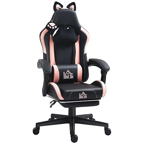 HOMCOM Gaming Chair for Adults with Cat Ears, Faux Leather Reclining Computer Chair with Footrest, Lumbar Support and Headrest, Height Adjustable Swivel Seat, Black - Black