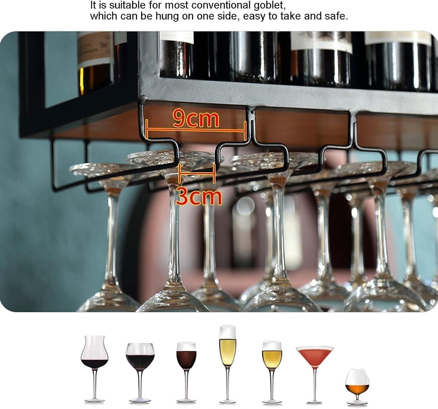 Ceiling Hanging Wine Glass Holder - Ceiling Shelf, Wall Mounted Wrought Iron Solid Wood Storage Rack, Ceiling Mounted Wine Rack, Hanging Plant Shelf with Railing, Easy to Install (Size : 60)