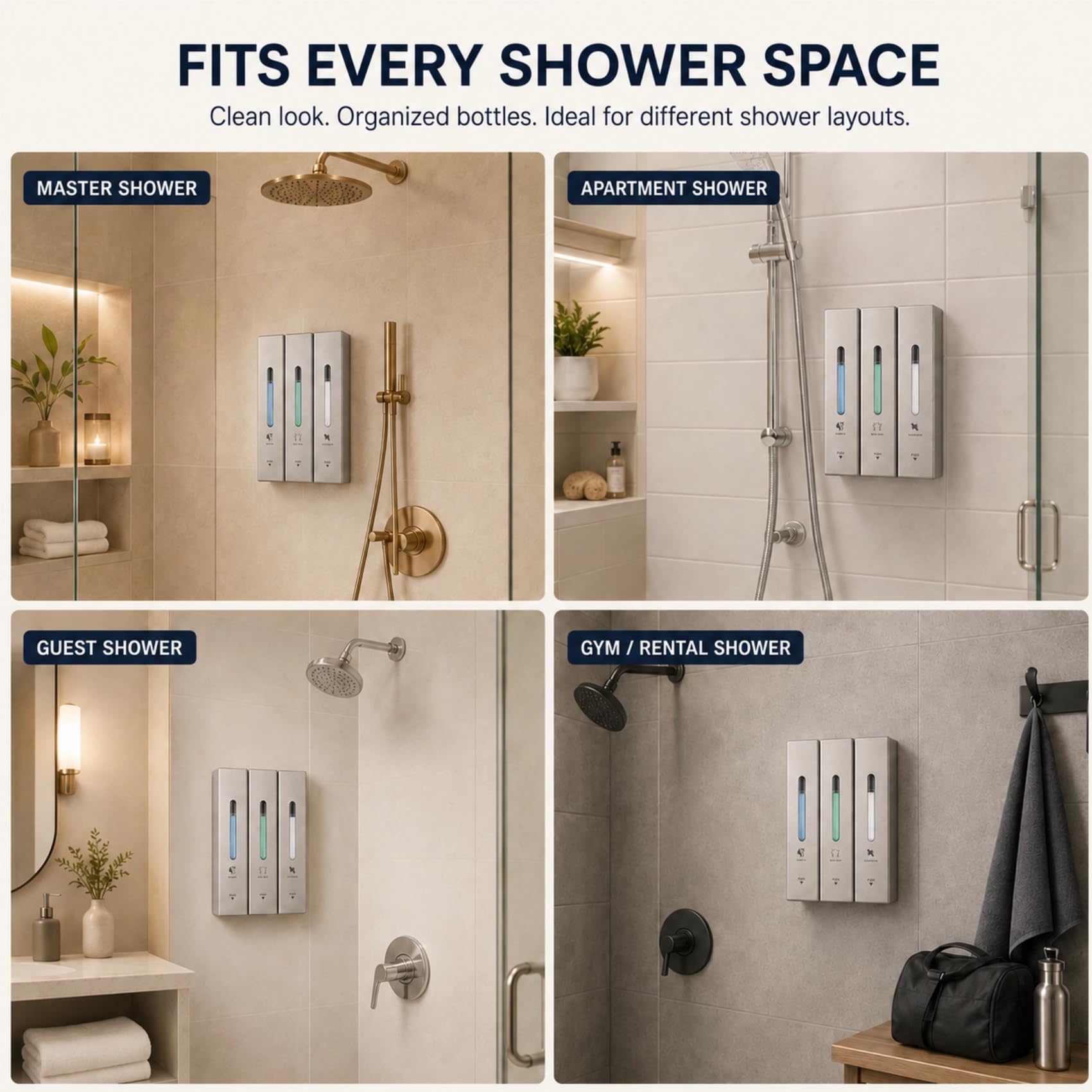Seifenspender Wandbefestigung Ohne Bohren Neu 1-3 Kammern | 3 Kammern Duschgelspender für die Dusche, 1200ml Shampoo Spender Wand, Rostfrei Badaccessoires Großer Knopf-Silber Matt