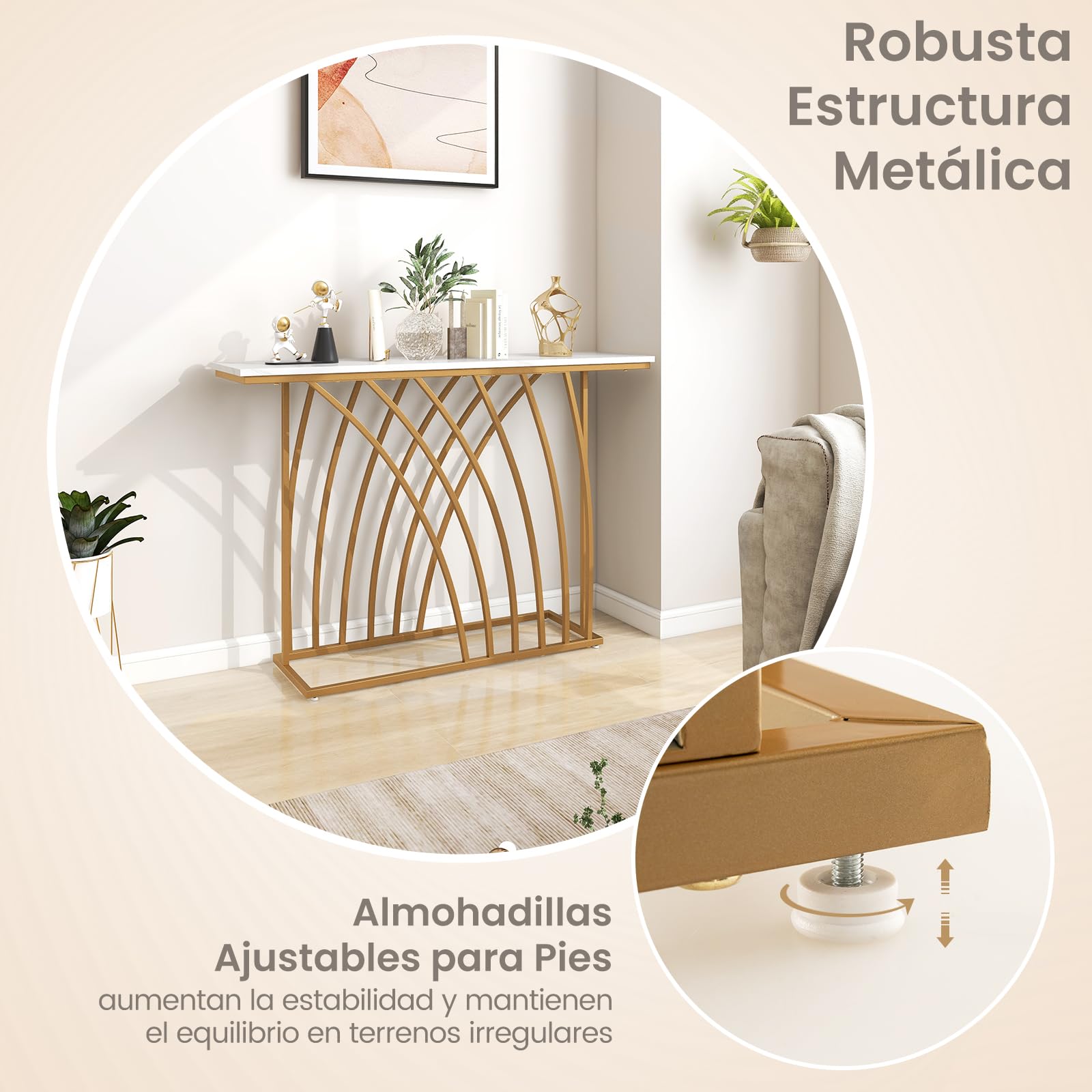 COSTWAY Mesa de Consola, Mesa de Entrada Dorada con Tapa de Mármol Blanco, Base de Diseño Geométrico, Mueble Recibidor para Sofá, Sala de Estar, Pasillo, Capacidad Máx de 20 kg, 30 x 120 x 80 cm