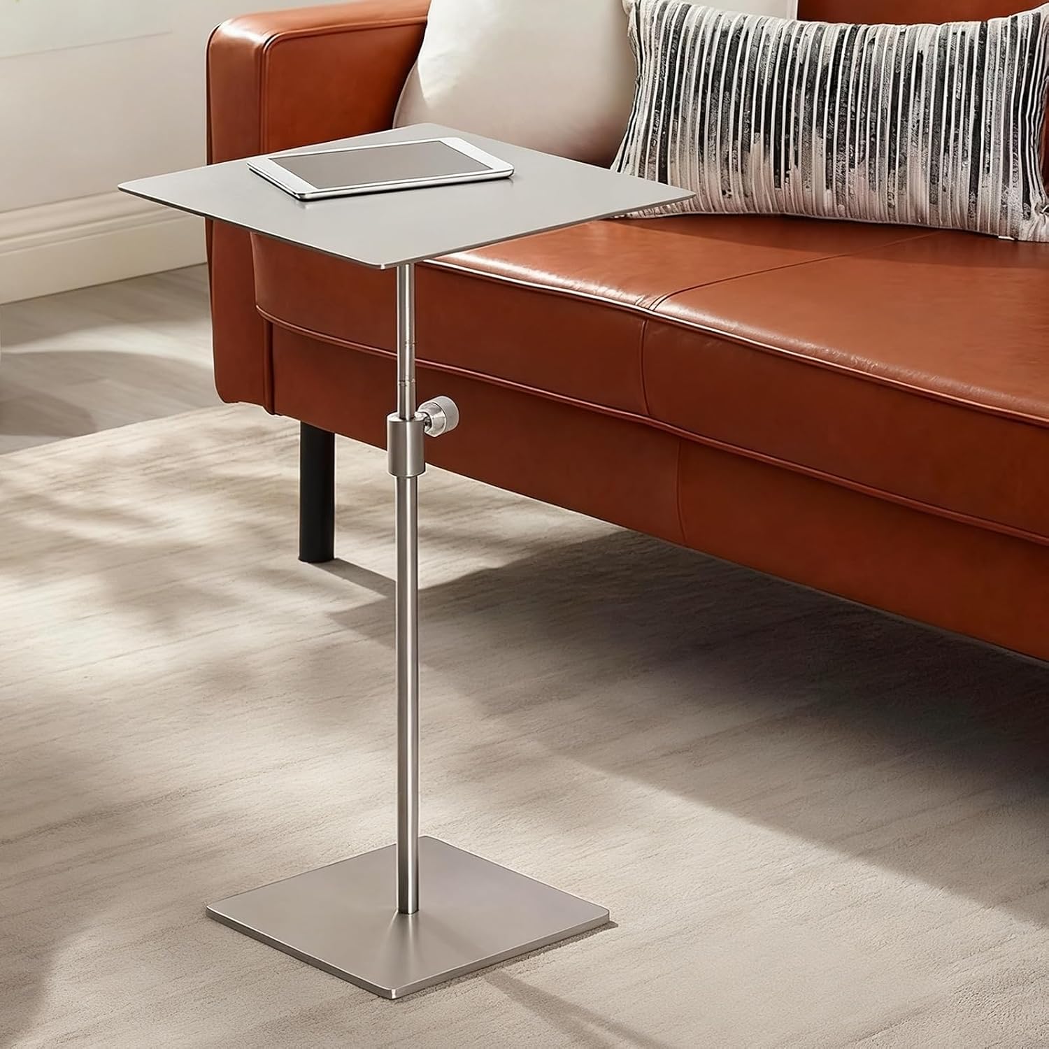 Stainless Steel Adjustable Height Round/Square Side Table,Rust Scratch Resistant Dining Table for Living Room,Bar,Cafe,Restaurant,Pub(Silver-Square,35cm/13.7in)
