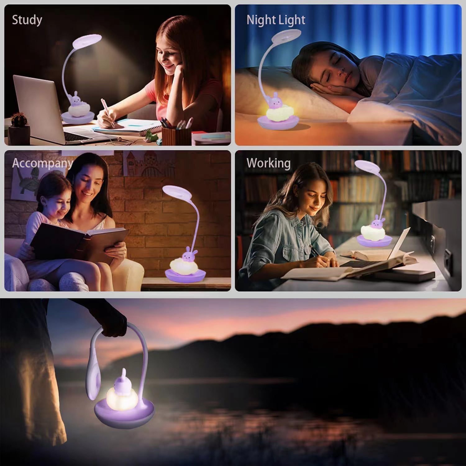 Lampada da Scrivania Bambina, Led Lampada da Tavolo 5 Luminosità 3 Modalità, Lampada Lettura Bambini Ricaricabile, Luce da Tavolo Bambini Senza Fili, Lampada da Scrivania Ragazza, Coniglio Vio
