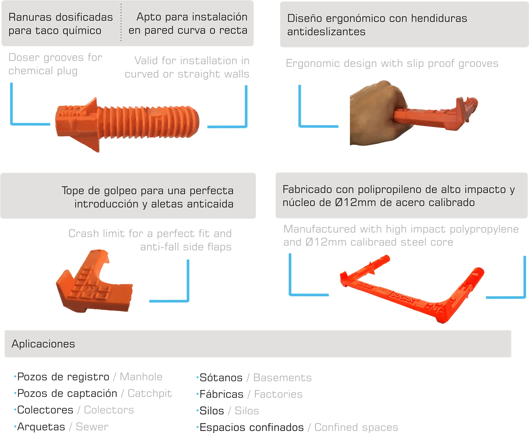 Peldaños de Polipropileno para pozos, depósitos, depuradoras, arquetas, muros de hormigón y Espacios confinados (10)