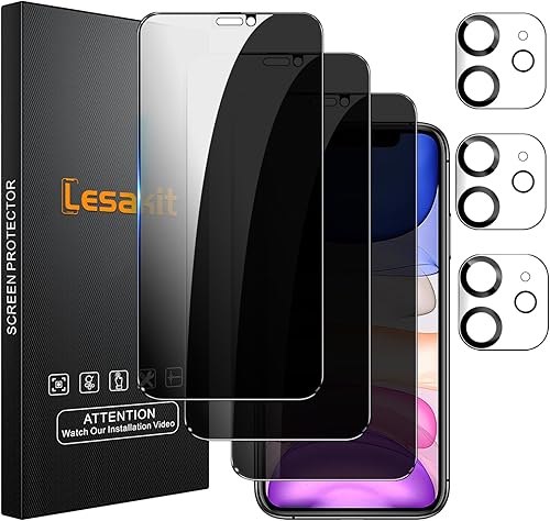 Paquete de 3+3 protectores de pantalla de privacidad para iPhone 11 de 6.1 pulgadas con 3 protectores de lente de cámara, película de vidrio