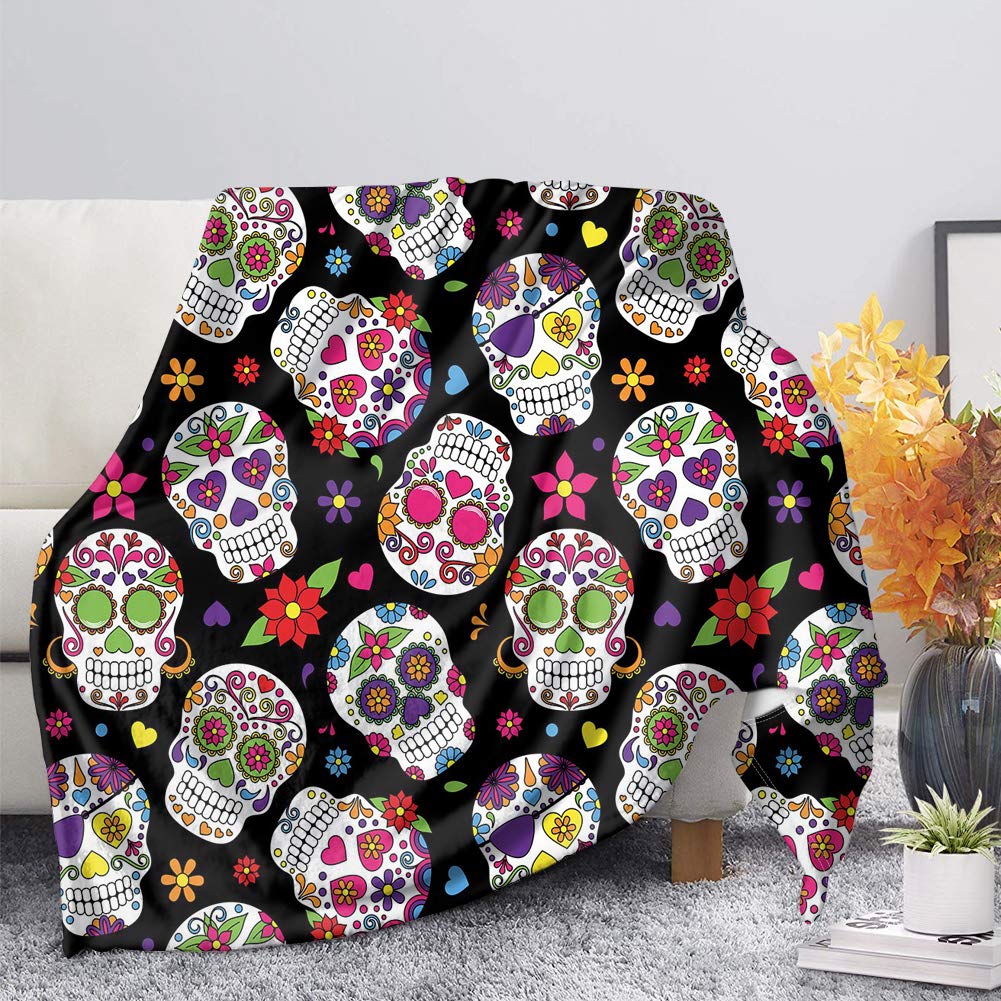 SEANATIVE Super Soft Lightweight Flannel Throw Blanket Microfiber Cozy Warm Throw Blanket for Living Room Bedroom, Sugar Skull Print-2XL
