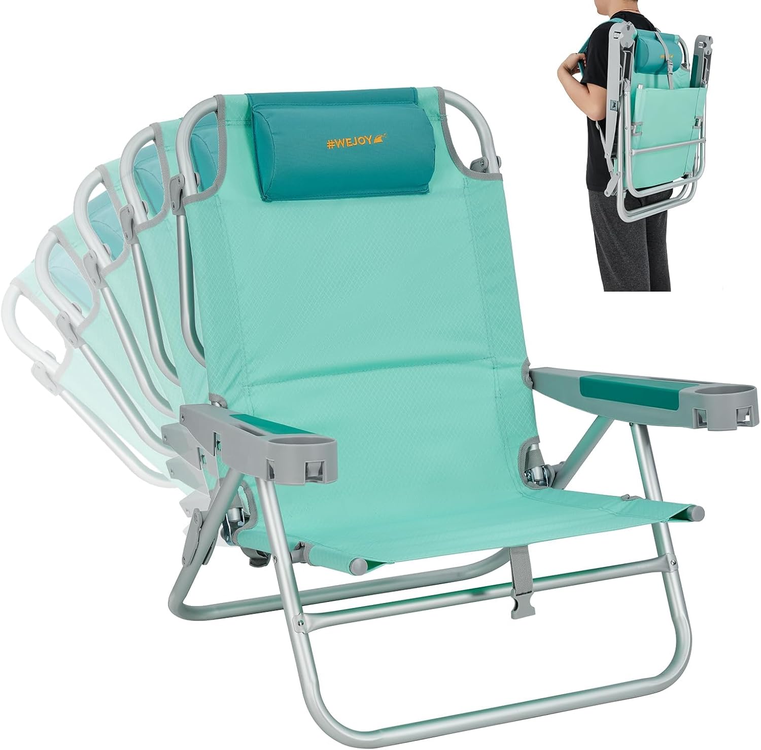 #wejoy beach chair with backpack straps, heavy duty backpack beach chairs for adults with 5 positions, lay flat chair with with cup holder pillow, support to 300lbs, cyan #cf 1 pack cyan