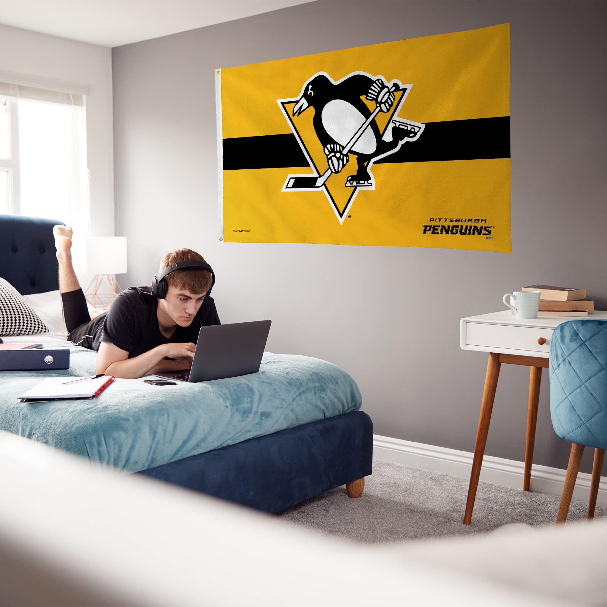 Rico Industries NHL Hockey Pittsburgh Penguins Gold with Black Stripe 3' x 5' Banner Flag Single Sided - Indoor or Outdoor - Home Décor